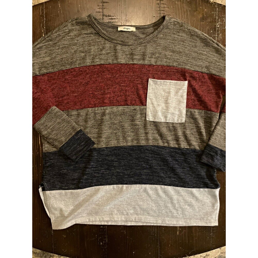 Eloquii Women's Gray Red Striped Knit Crew Neck Pullover Sweater Pocket M